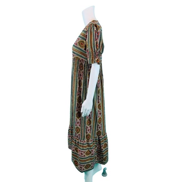 Vintage 70s Maxi Dress Women's Small Bohemian Smocked Waist Folk Tiered - Picture 8 of 10